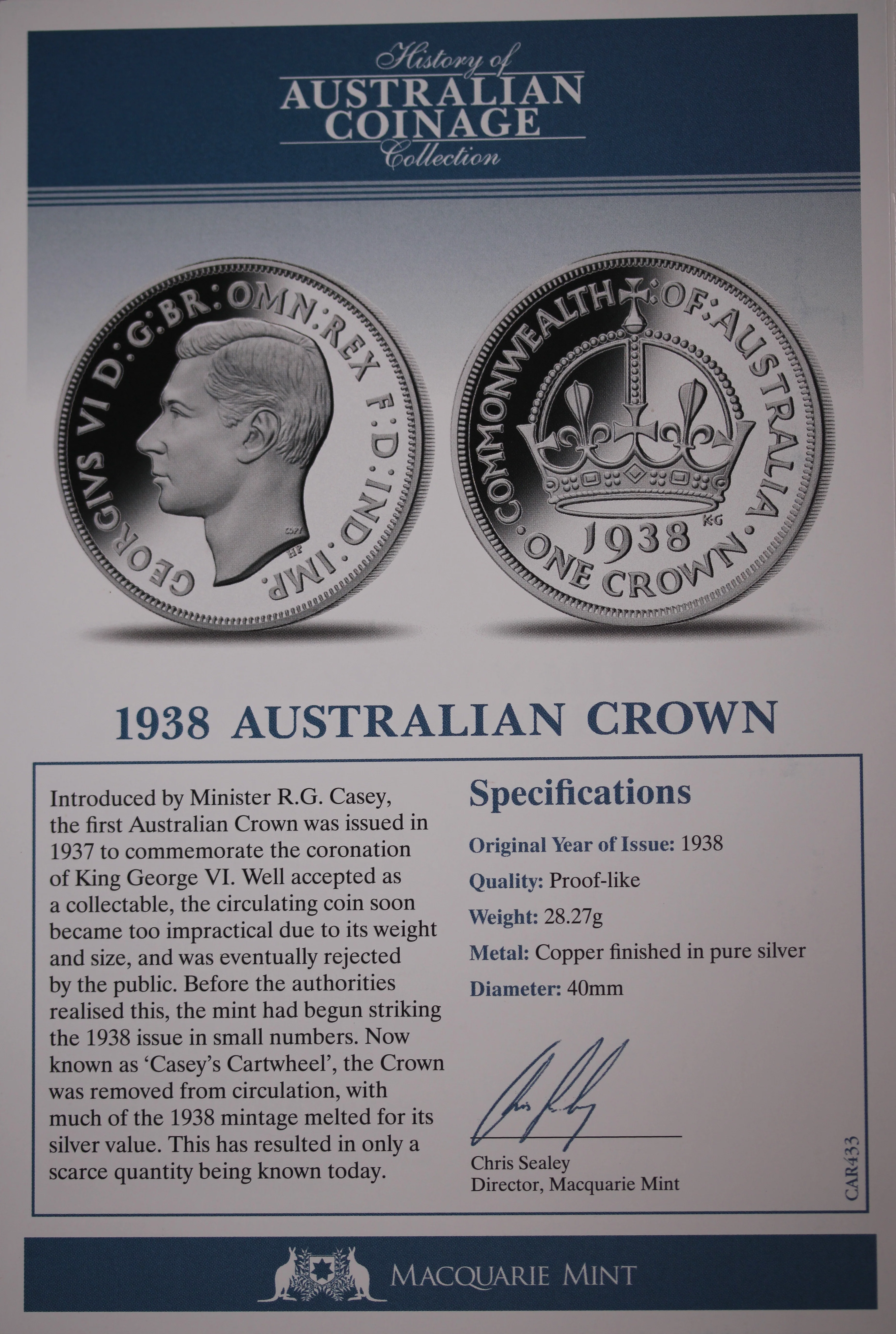 History of Australian Coinage 1938 Australian Crown - Image 2