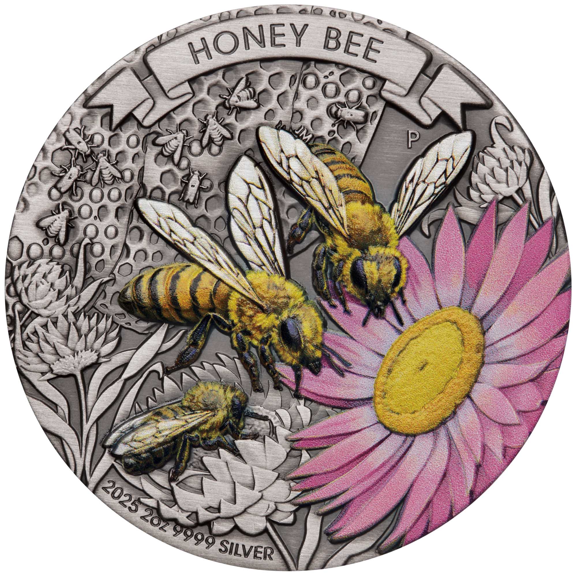 Honey Bee 2025 2oz Silver Antiqued Coloured Coin - Image 2