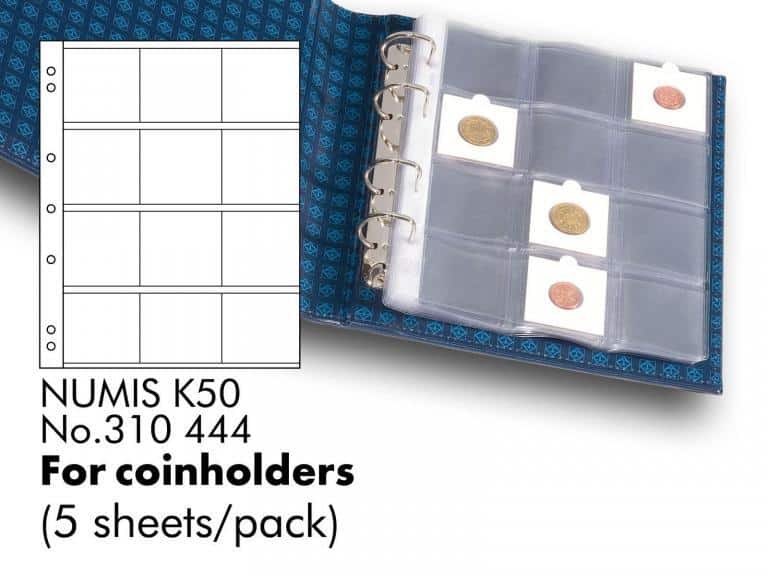 NUMIS coin sheets K50 for coin holders (50x50mm). Size of sheets: 193x217mm Holds For 12 Coin Holders (50X50mm) pack of 5