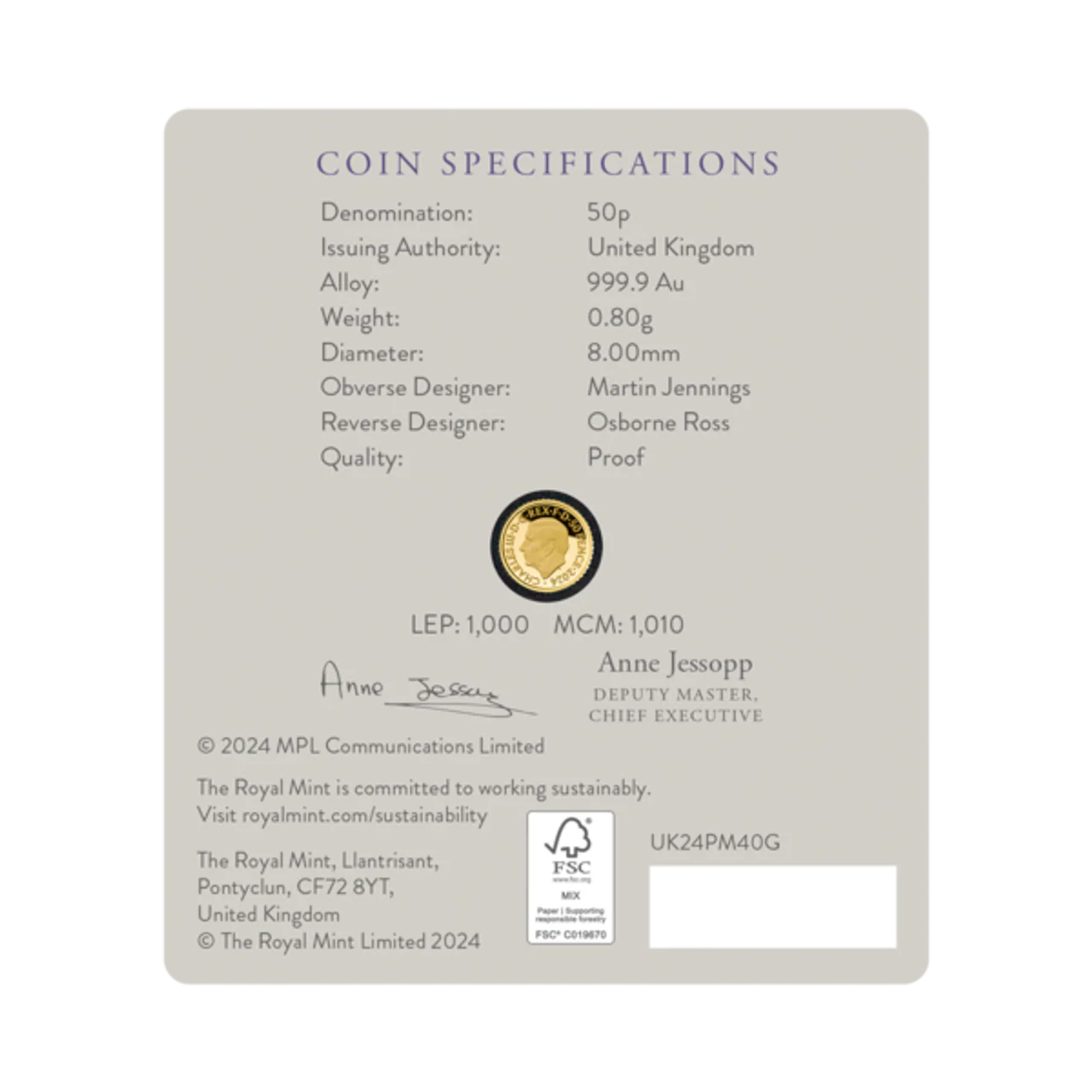 Paul McCartney 2024 UK 1/40oz Gold Proof Coin - Image 4