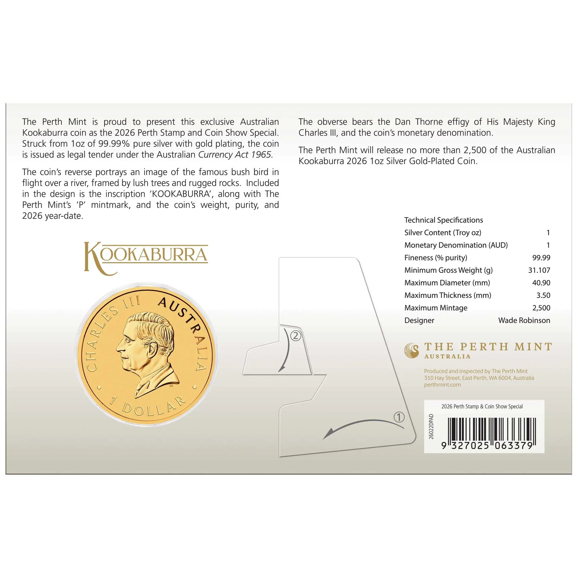Perth Stamp and Coin Show Special Kookaburra 2026 1oz Silver Gold-Plated Coin in Card - Image 5