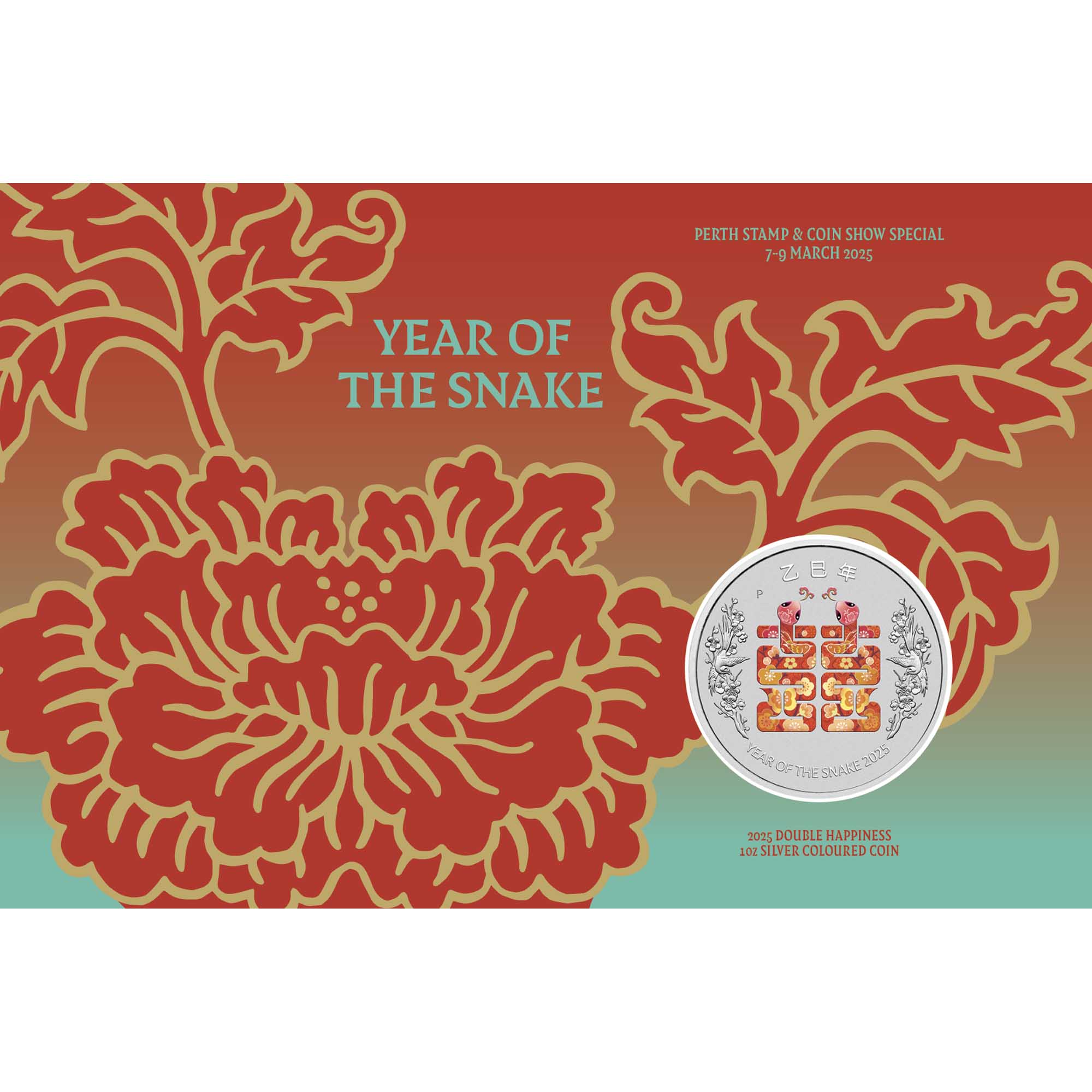 Perth Stamp and Coin Show Special Year of the Snake - Double Happiness 2025 1oz Silver Coin in Card