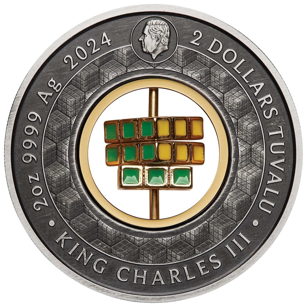 Rubik’s™ Cube 50th Anniversary 2024 2oz Silver Antiqued Coloured Coin - Image 2