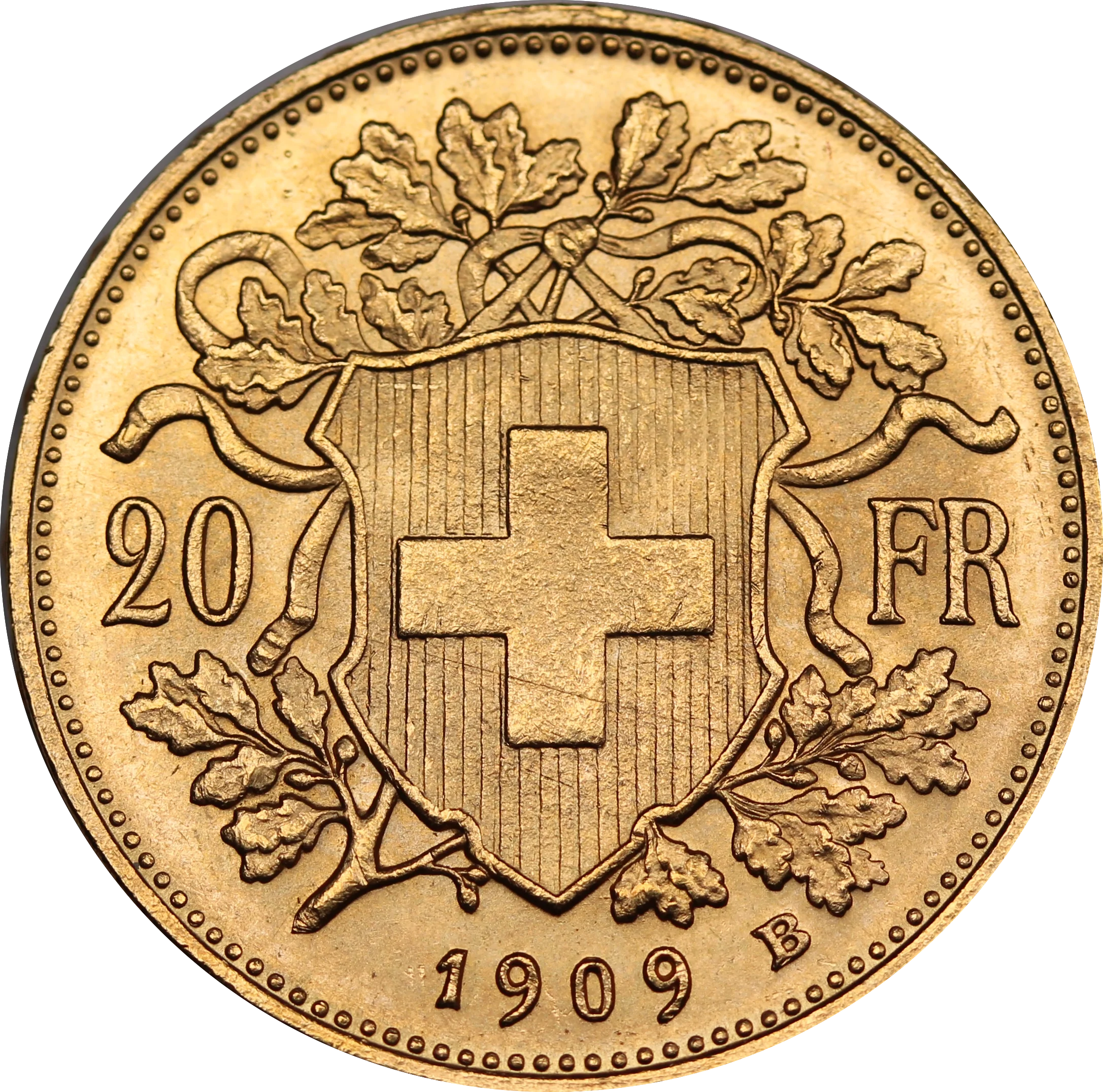 Switzerland 1909 20 Francs Gold Coin UNC