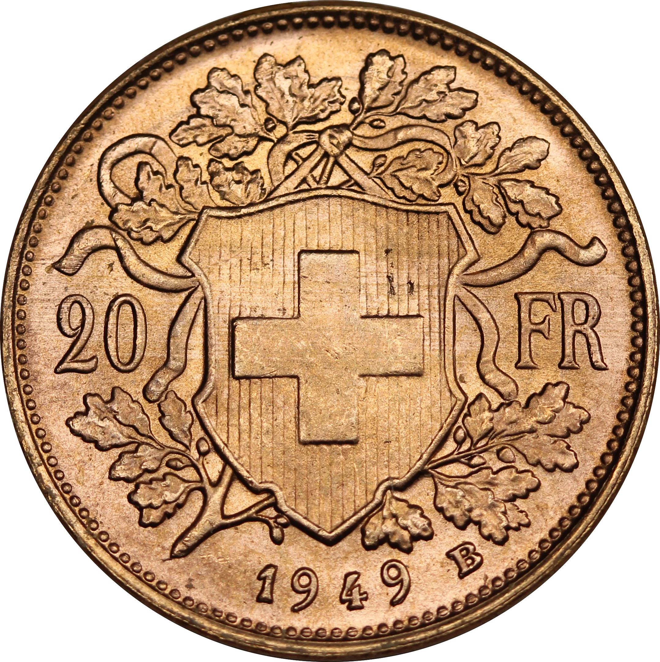 Switzerland 1949 20 Francs Gold Coin UNC