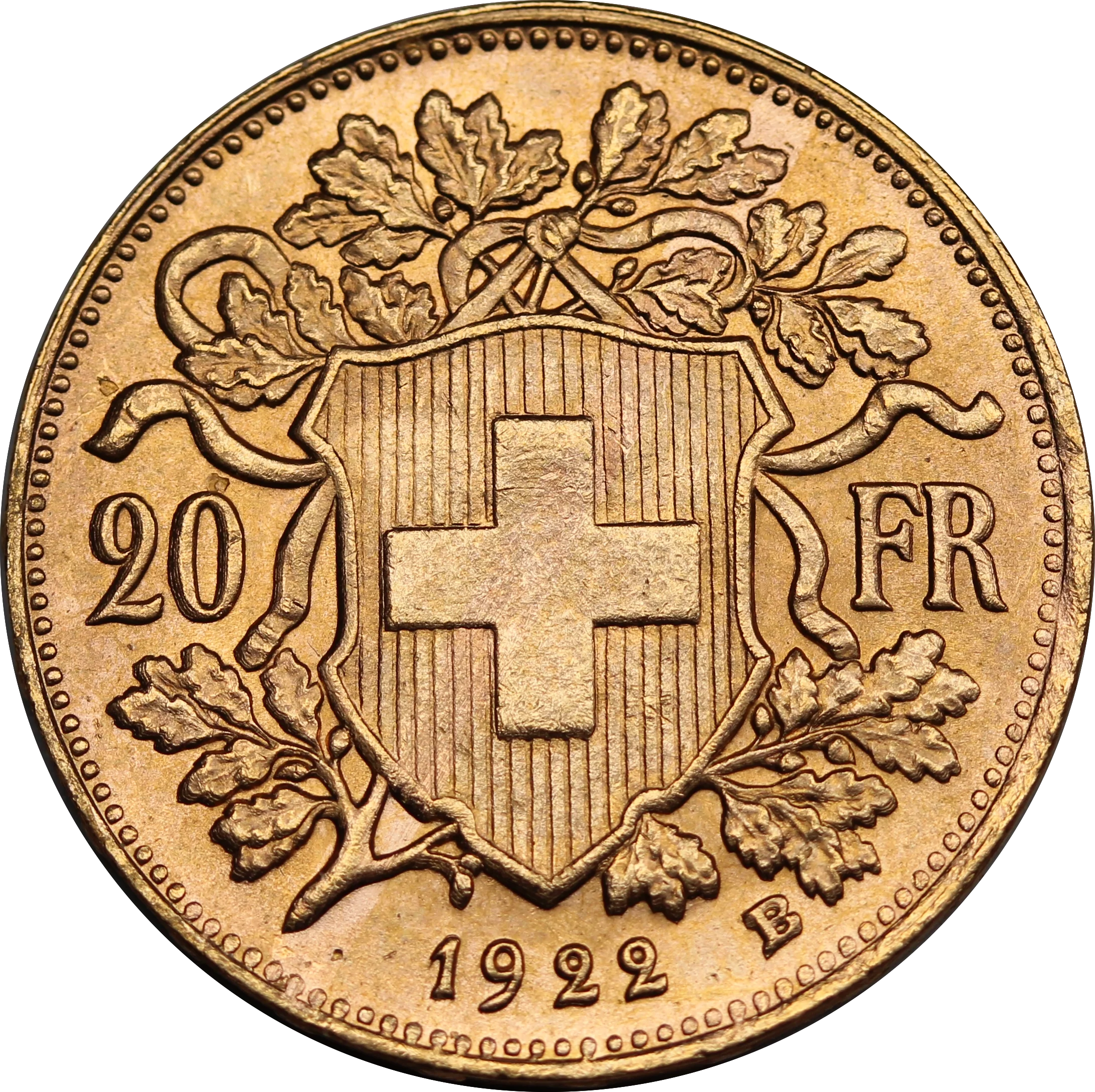 Switzerland 1922 20 Francs Gold Coin UNC