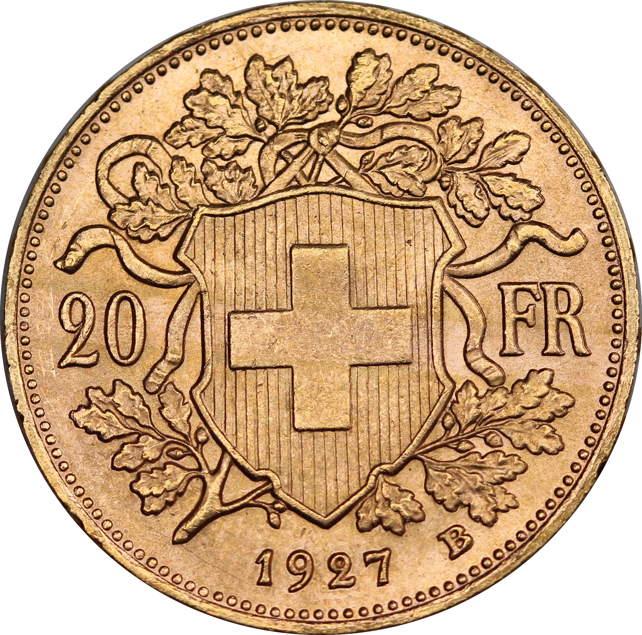 Switzerland 1927 20 Francs Gold Coin UNC