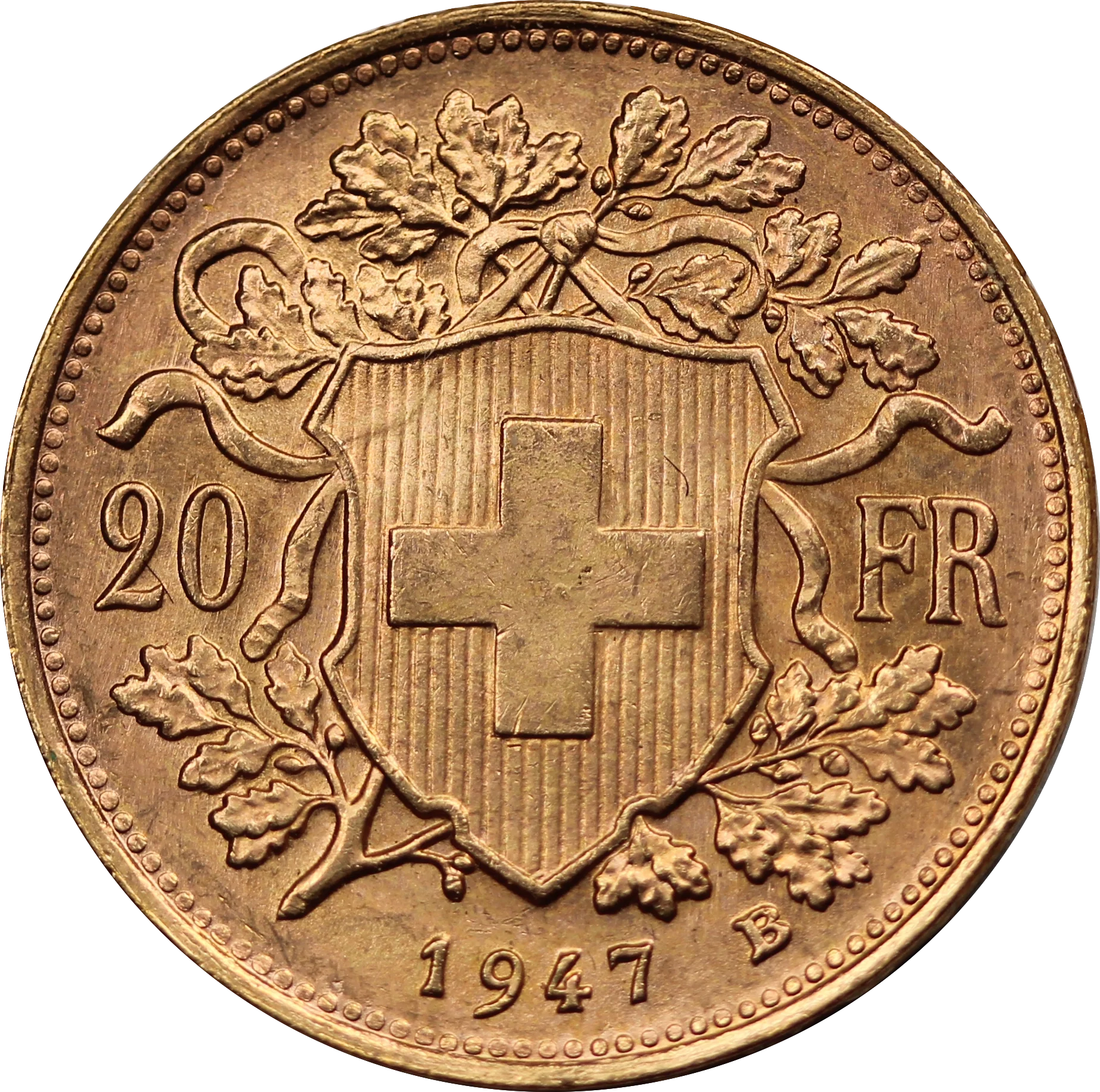 Switzerland 1947 20 Francs Gold Coin UNC