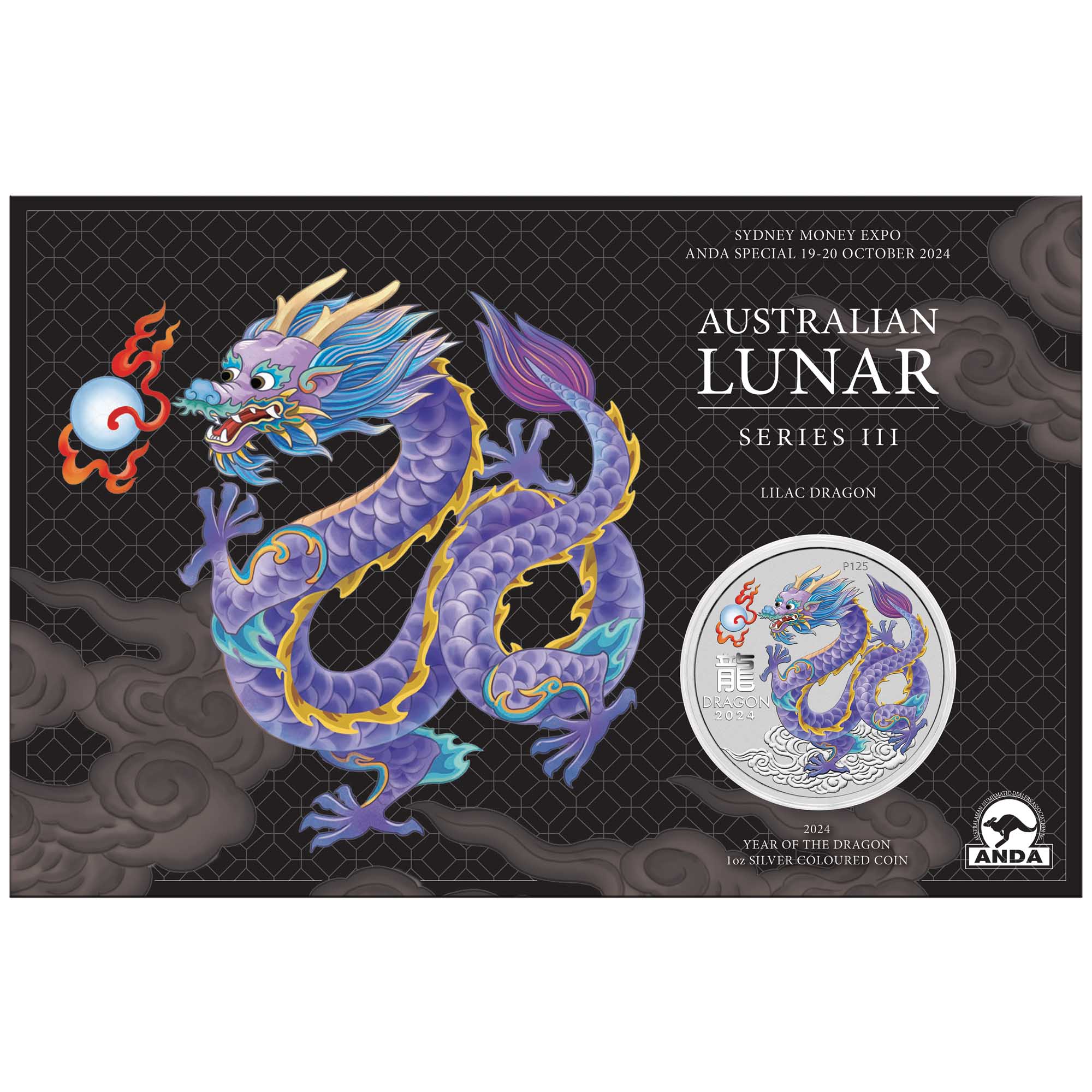 Sydney Money Expo Australian Lunar Series III 2024 Year of the Dragon 1oz Silver Lilac Coin in Card