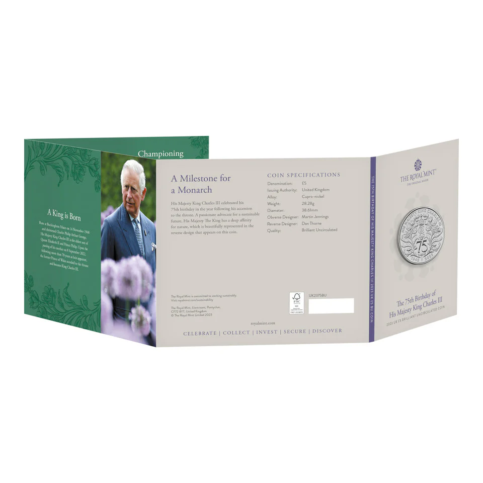 The 75th Birthday of His Majesty King Charles III 2023 UK £5 BU Coin - Image 3