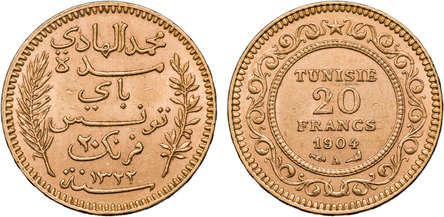 Tunisia AH1322/1904A Gold Twenty Francs aUNC - Image 2