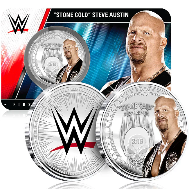 WWE Legends "Stone Cold" Steve Austin 9g Silver Plated Medallion in Card