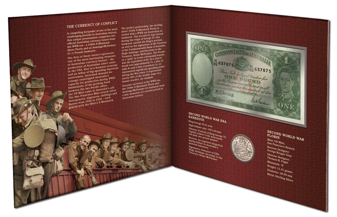 Australia WWII Coin & Banknote Premium Portfolio - 1942 Armitage/McFarlane and 1944S Florin