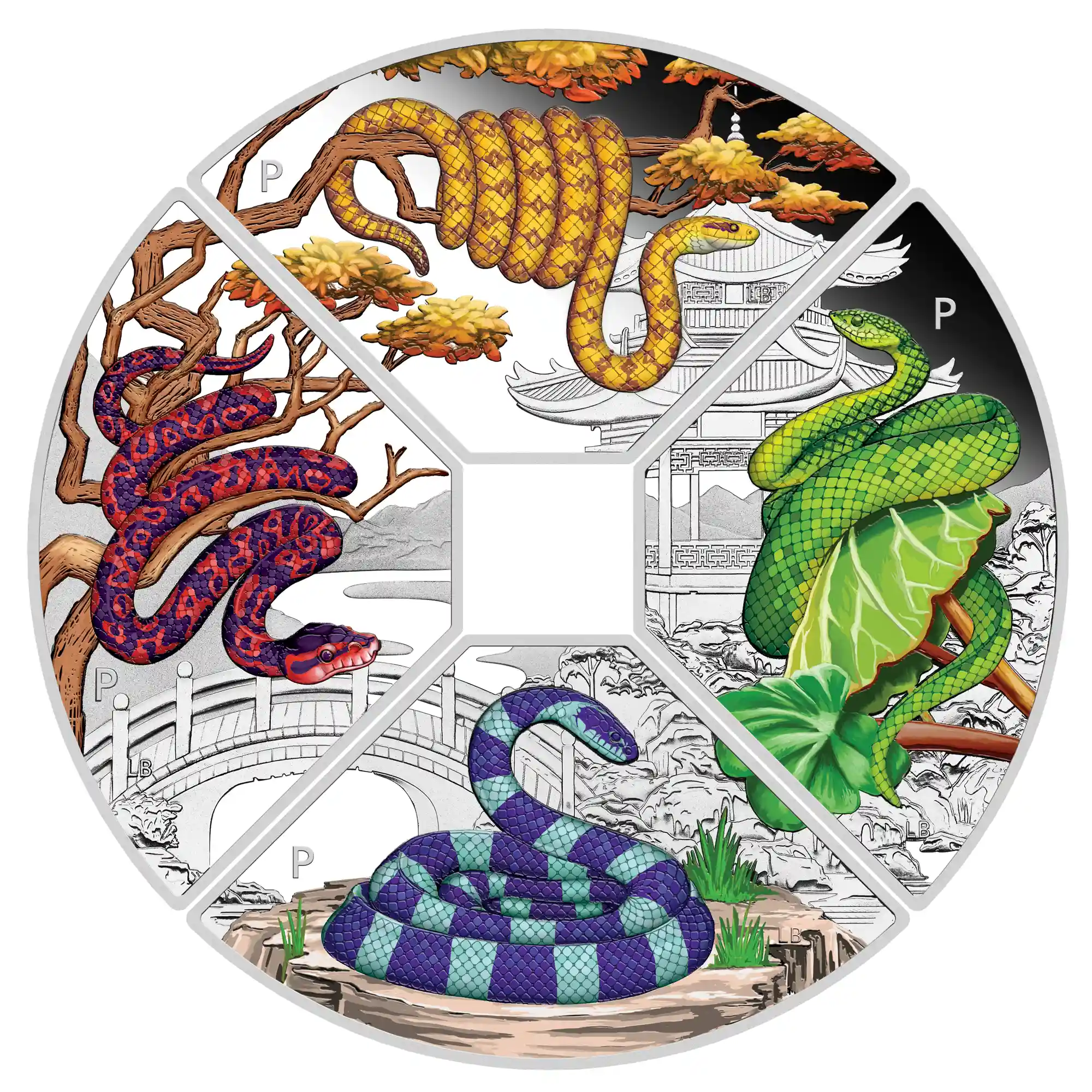 Year of the Snake Quadrant 2025 1oz Silver Proof Coloured Four-Coin Set - Image 2